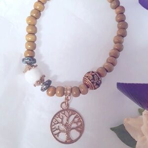 Family Tree Charm natural beaded brown adjustible bracelet. Handmade NEW